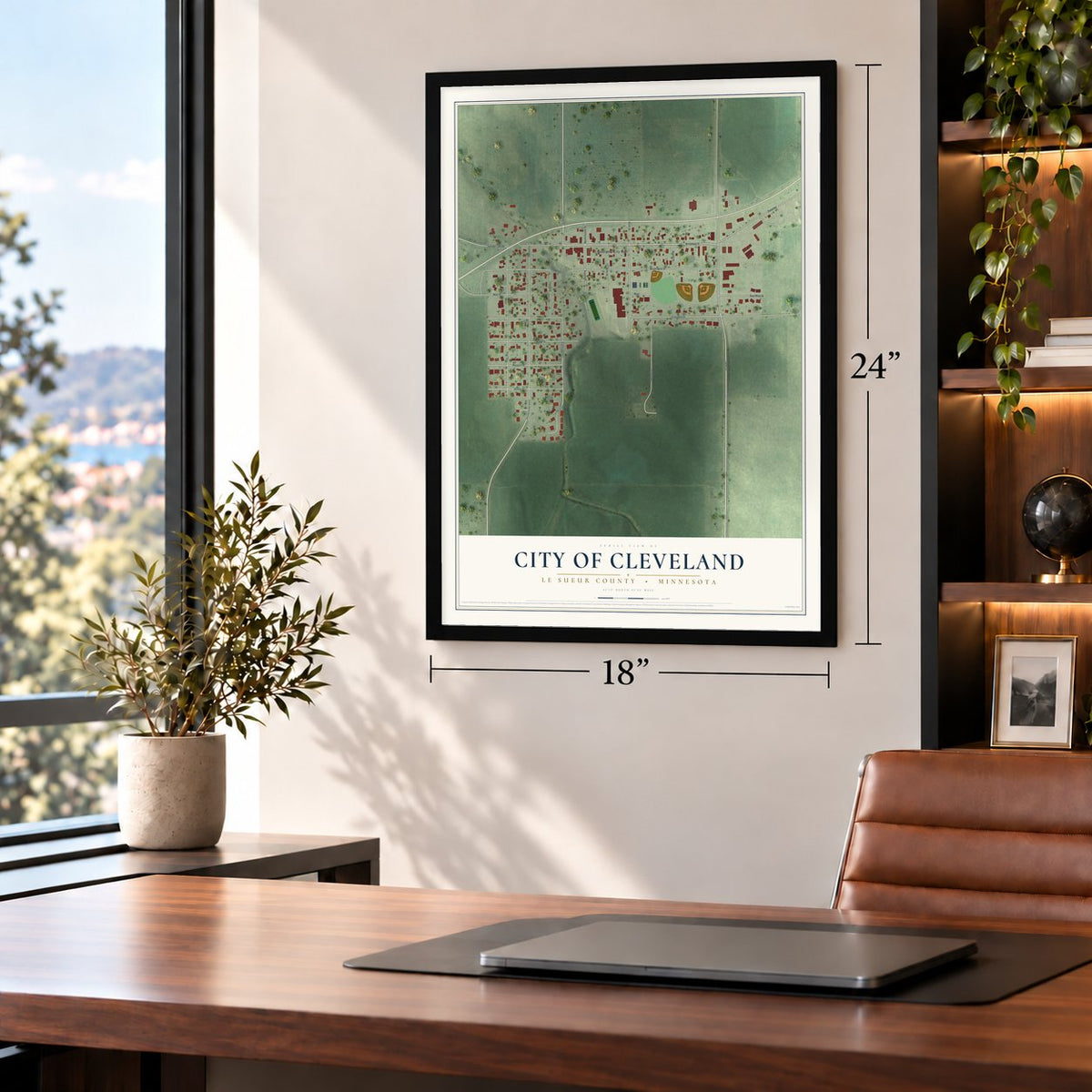 Cleveland, Minnesota map, 18 x 24 inch print in a black frame in a home office