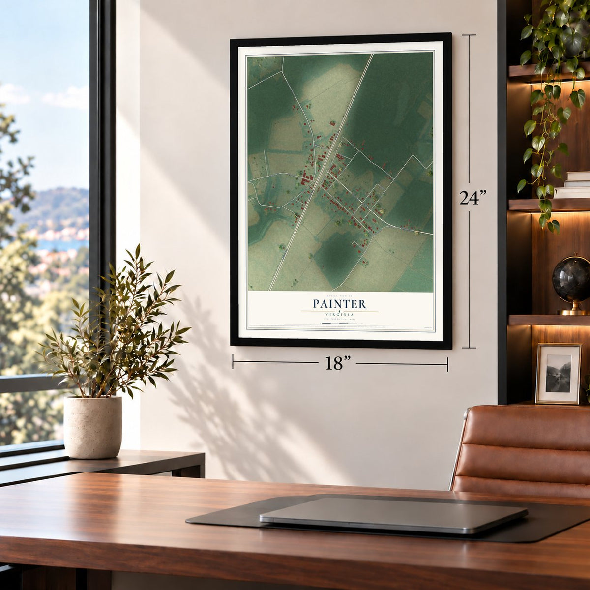 Painter, Virginia map, 18 x 24 inch print in a black frame in a home office