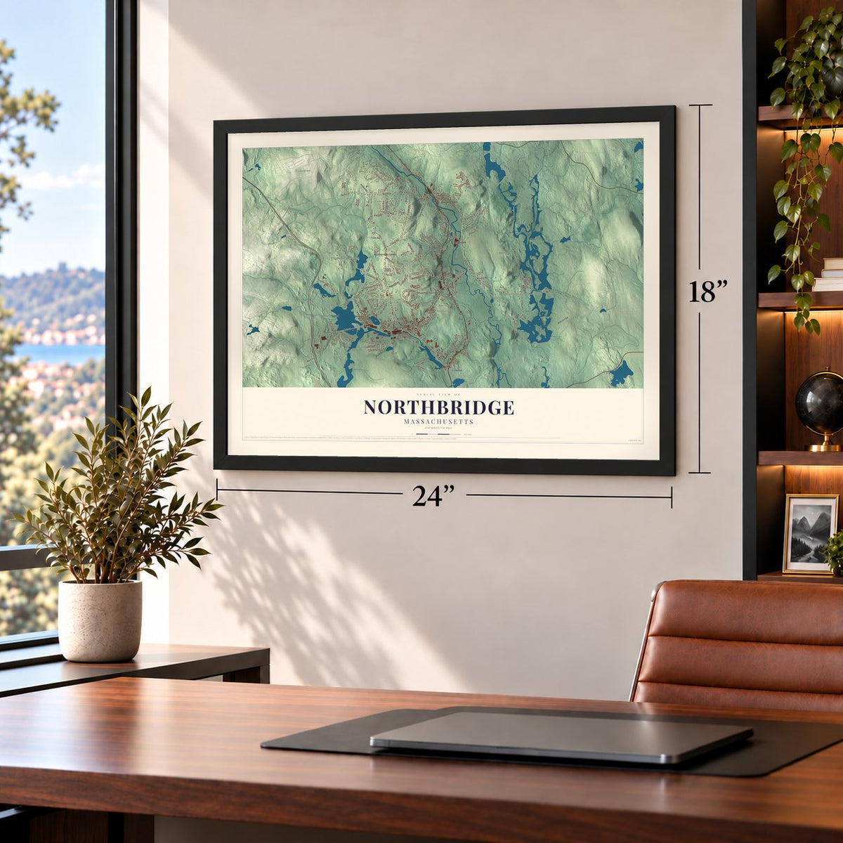 Northbridge, Massachusetts map, 18 x 24 inch print in a black frame in a home office