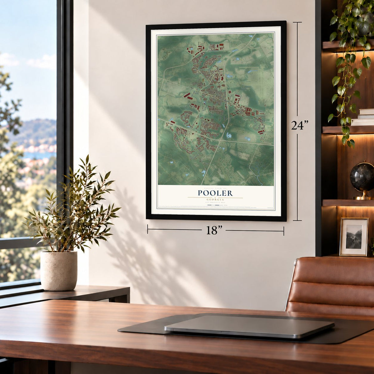 Pooler, Georgia map, 18 x 24 inch print in a black frame in a home office