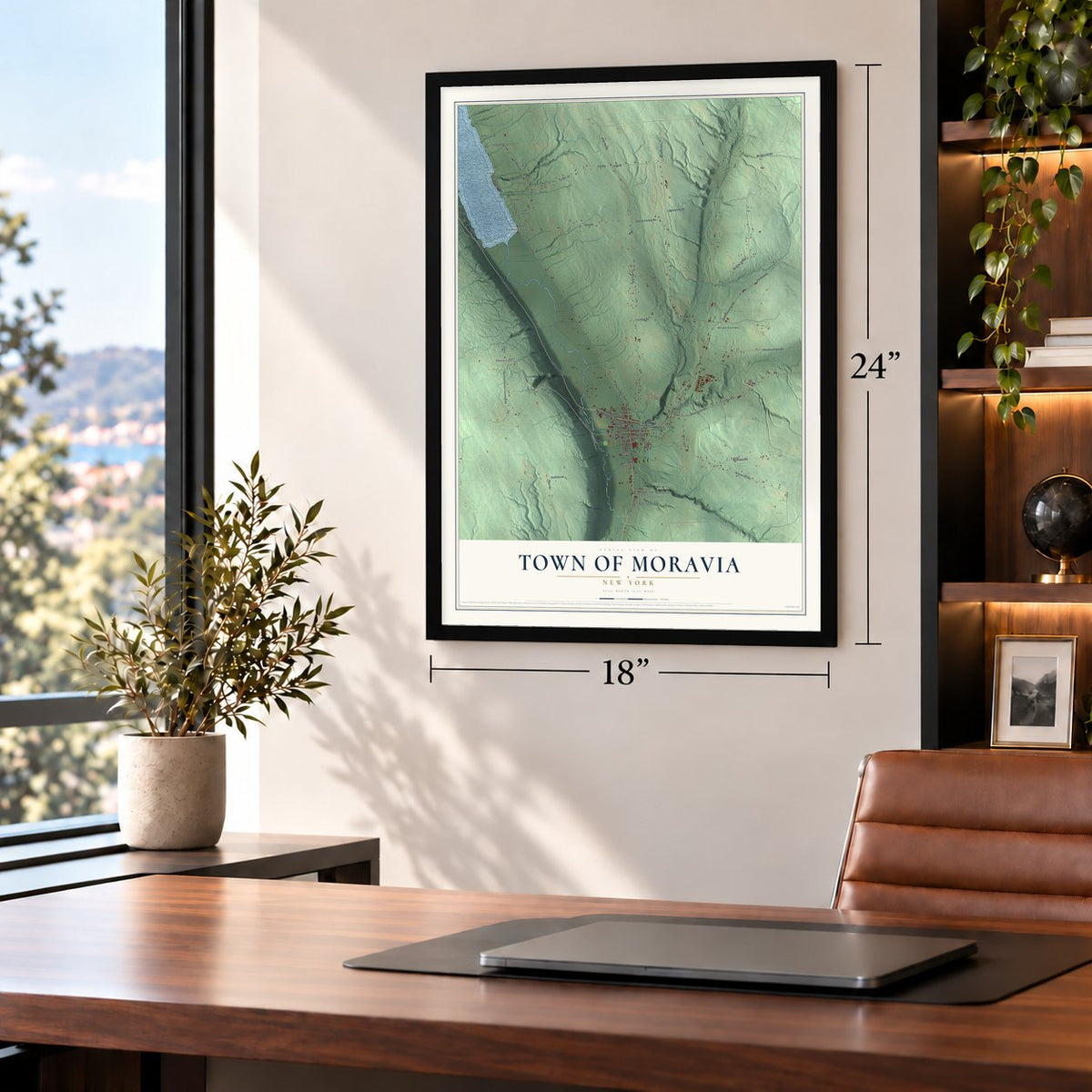 Town of Moravia, New York map, 18 x 24 inch print in a black frame in a home office