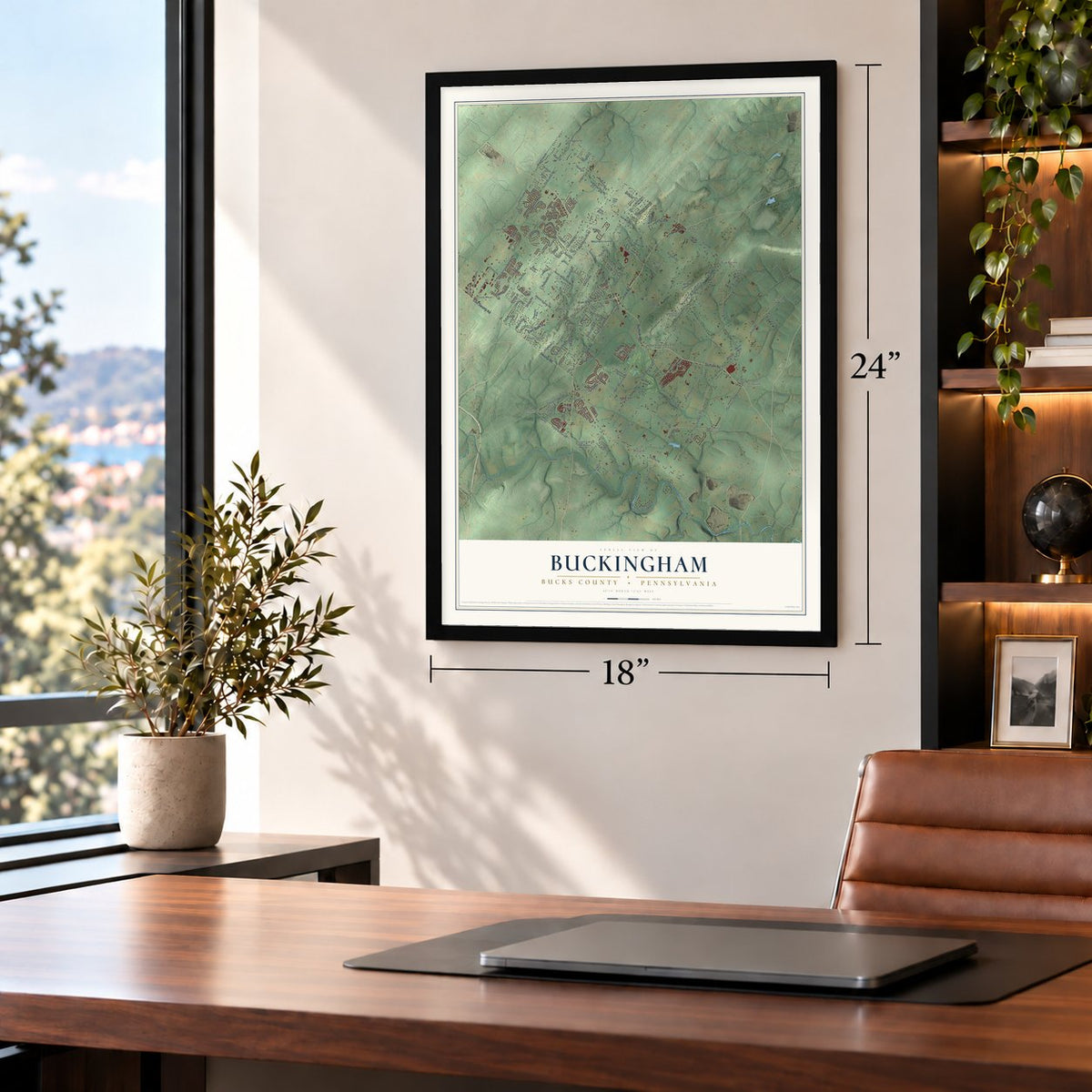 Buckingham, Bucks County, Pennsylvania map, 18 x 24 inch print in a black frame in a home office