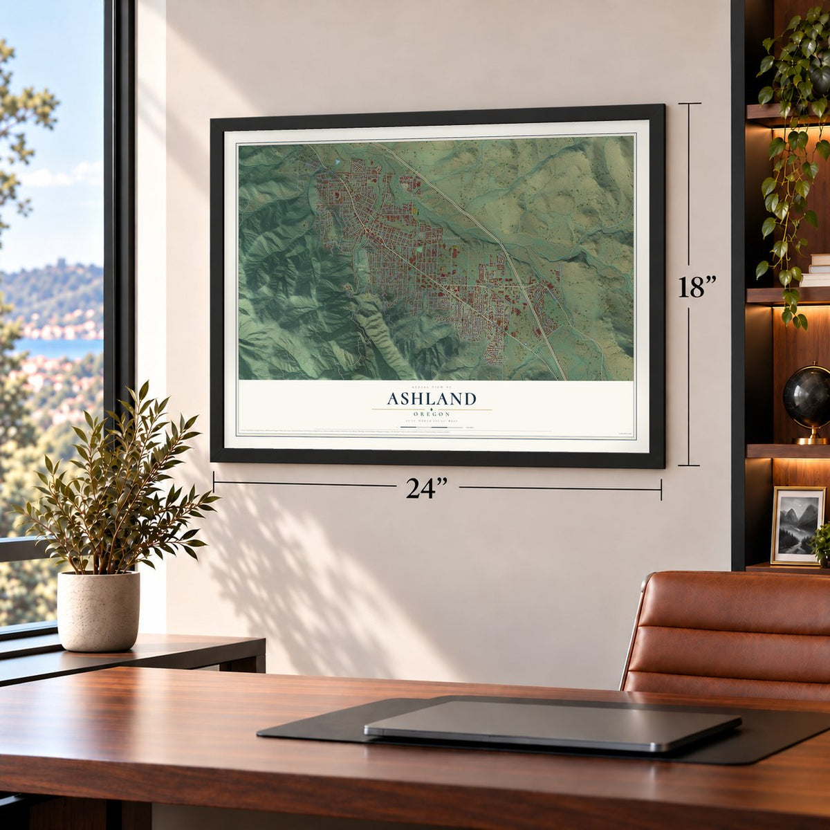 Ashland, Oregon map, 18 x 24 inch print in a black frame in a home office
