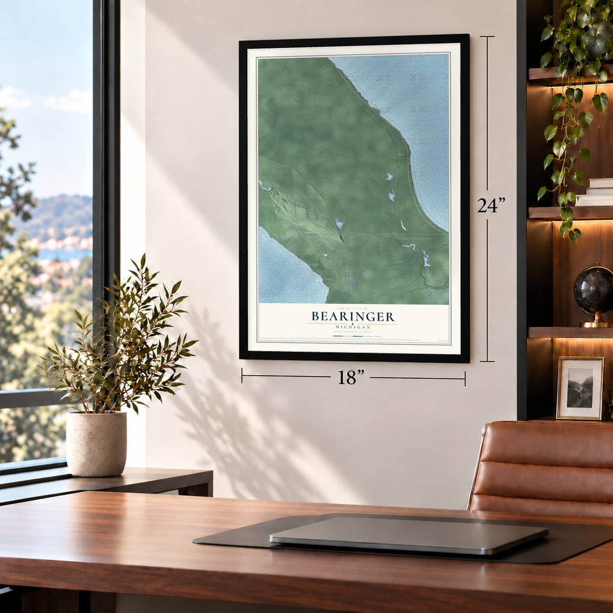 Bearinger, Michigan map, 18 x 24 inch print in a black frame in a home office