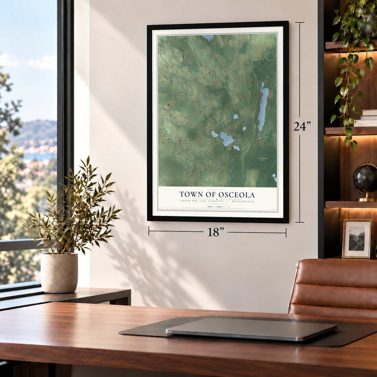 Town of Osceola, Fond du Lac County, Wisconsin map, 18 x 24 inch print in a black frame in a home office