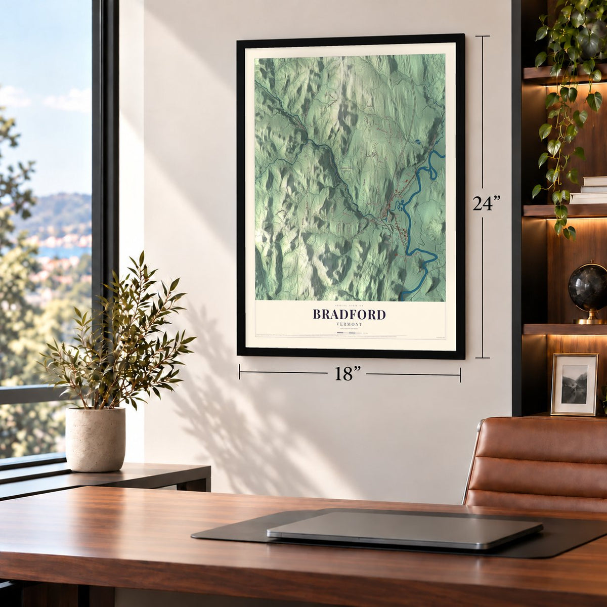 Bradford, Vermont map, 18 x 24 inch print in a black frame in a home office