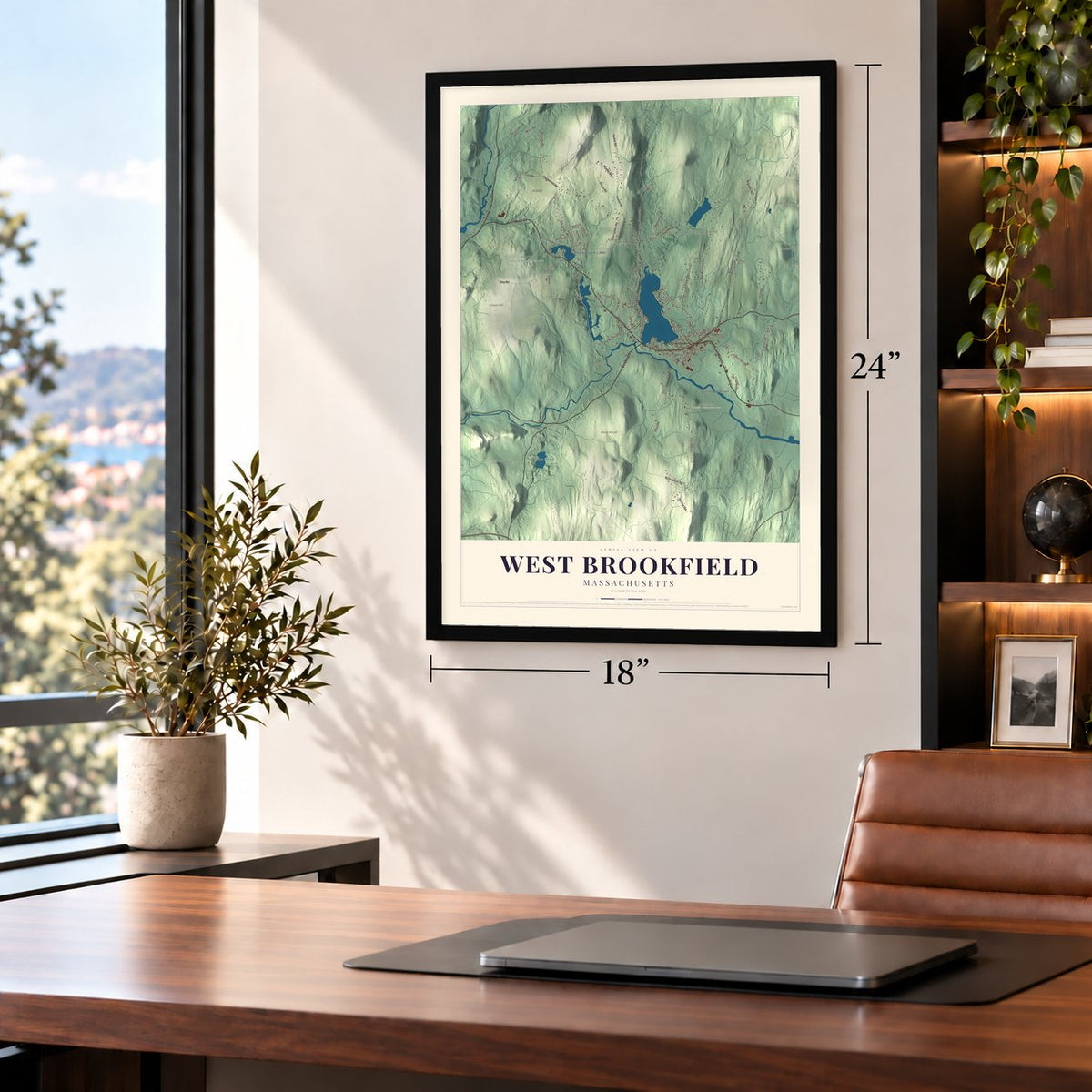 West Brookfield, Massachusetts map, 18 x 24 inch print in a black frame in a home office