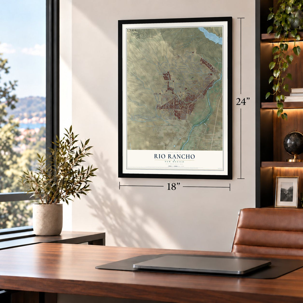Rio Rancho, New Mexico map, 18 x 24 inch print in a black frame in a home office