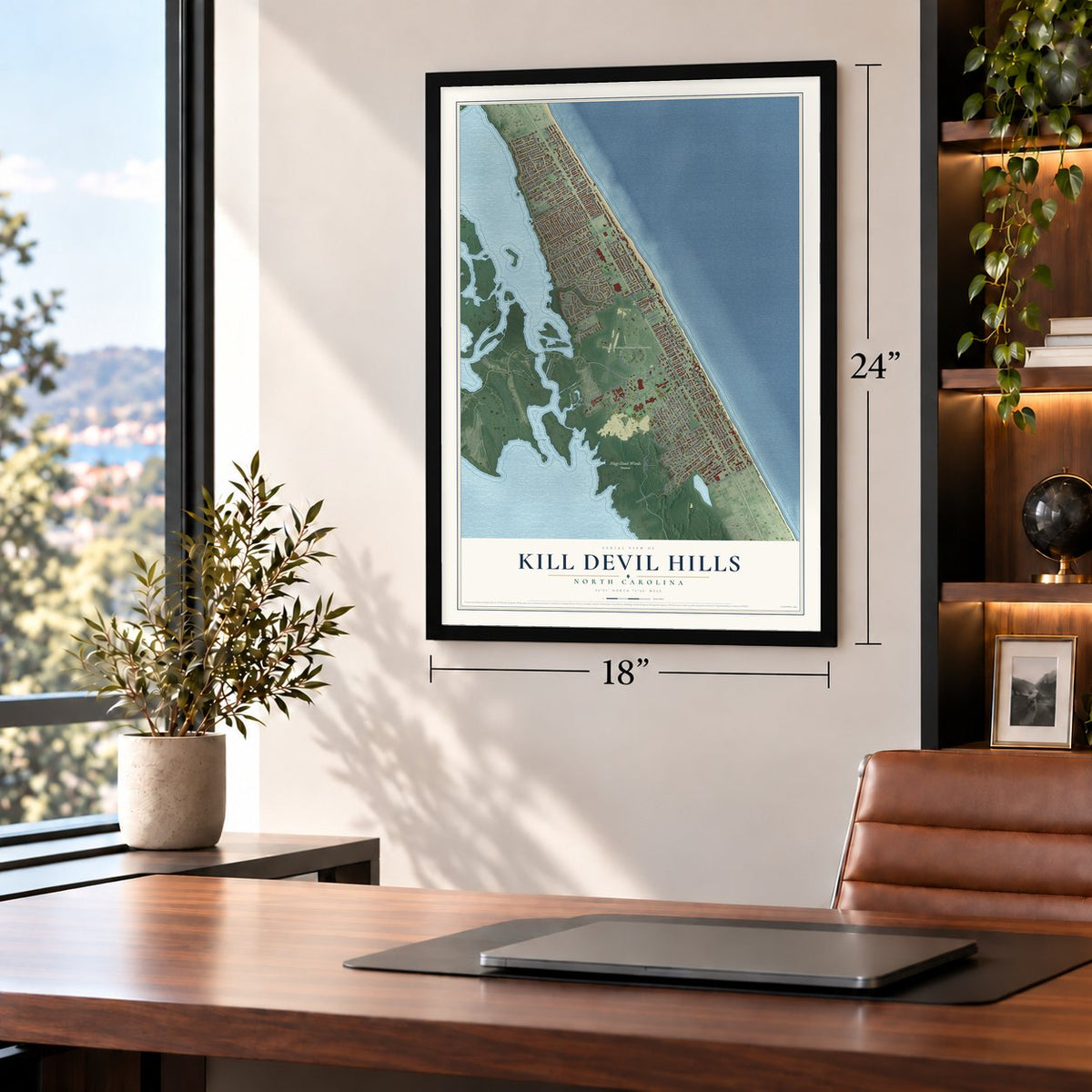 Kill Devil Hills, North Carolina map, 18 x 24 inch print in a black frame in a home office