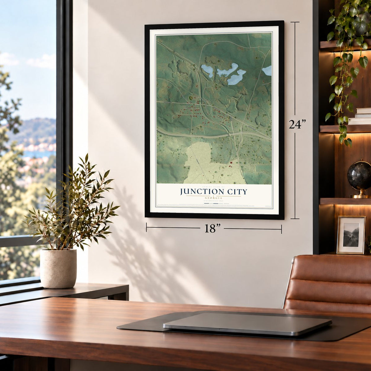 Junction City, Georgia map, 18 x 24 inch print in a black frame in a home office