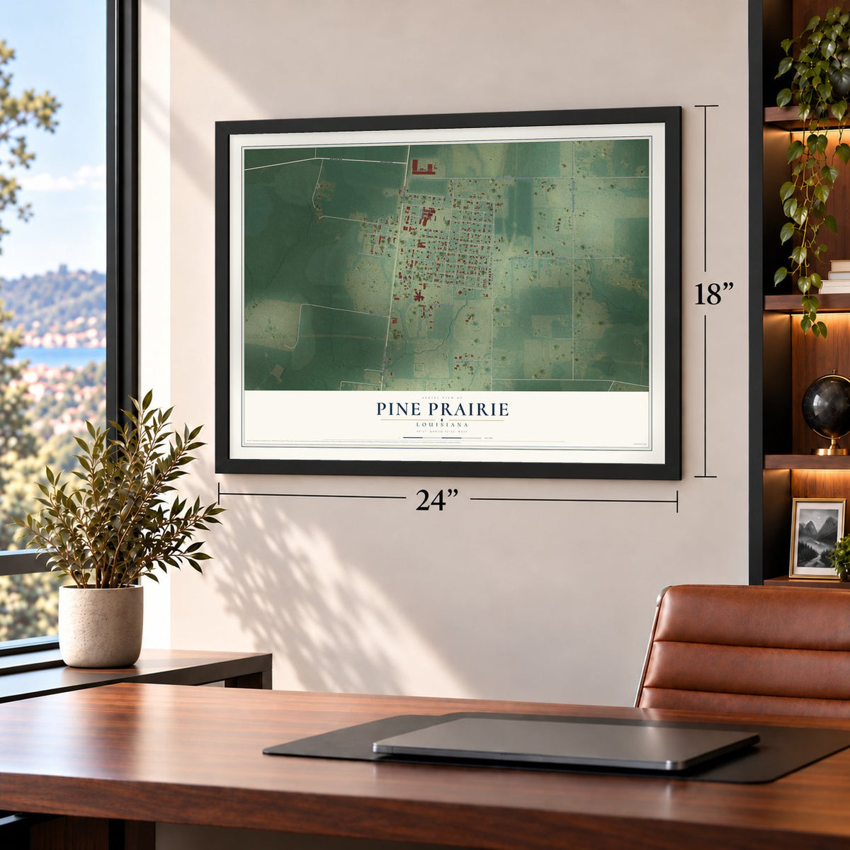 Pine Prairie, Louisiana map, 18 x 24 inch print in a black frame in a home office