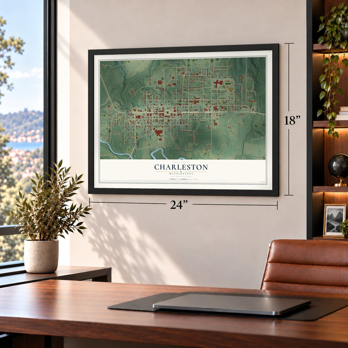 Charleston, Mississippi map, 18 x 24 inch print in a black frame in a home office