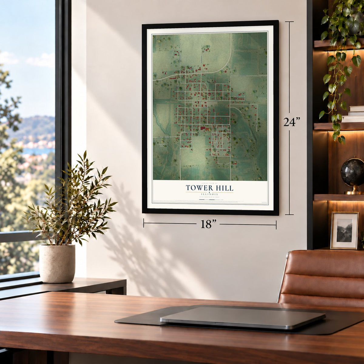 Tower Hill, Illinois map, 18 x 24 inch print in a black frame in a home office