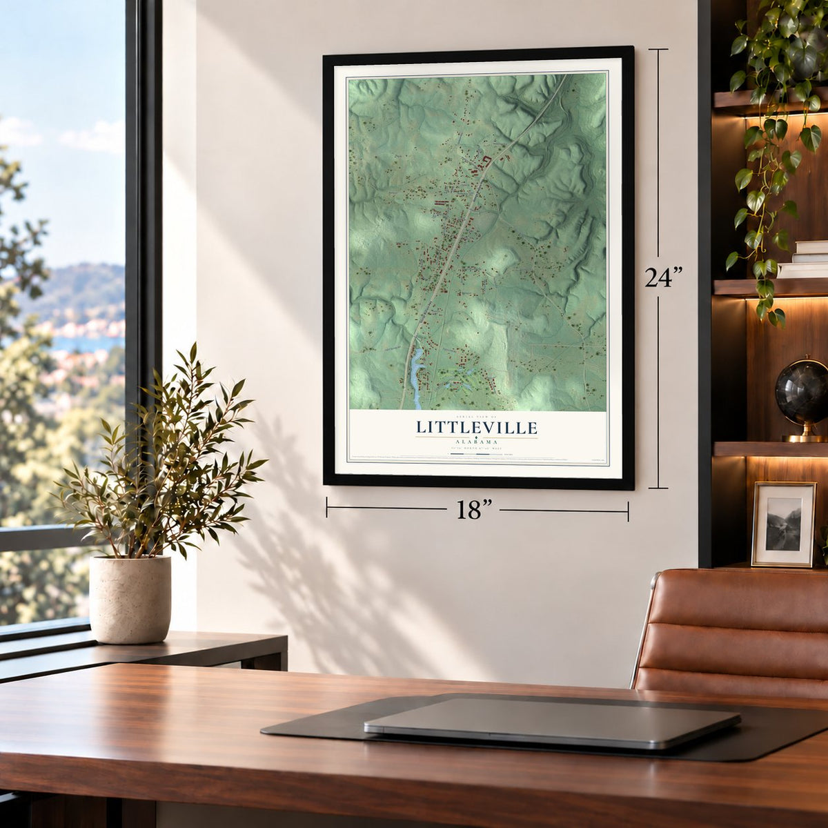 Littleville, Alabama map, 18 x 24 inch print in a black frame in a home office