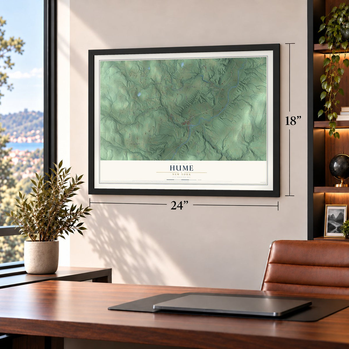 Hume, New York map, 18 x 24 inch print in a black frame in a home office