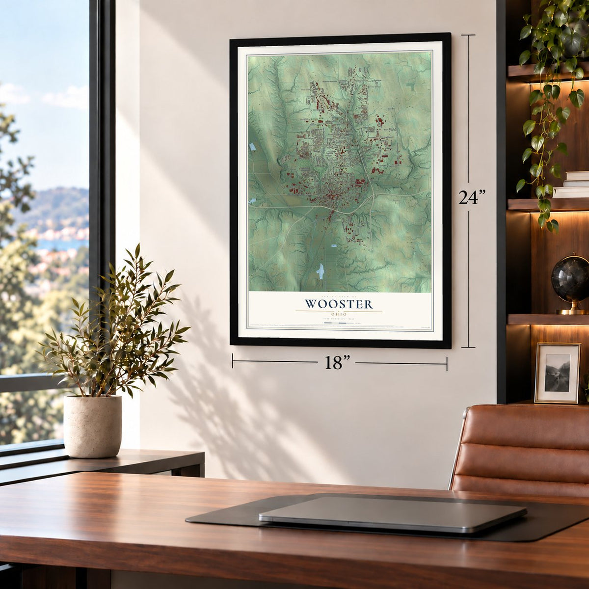 Wooster, Ohio map, 18 x 24 inch print in a black frame in a home office