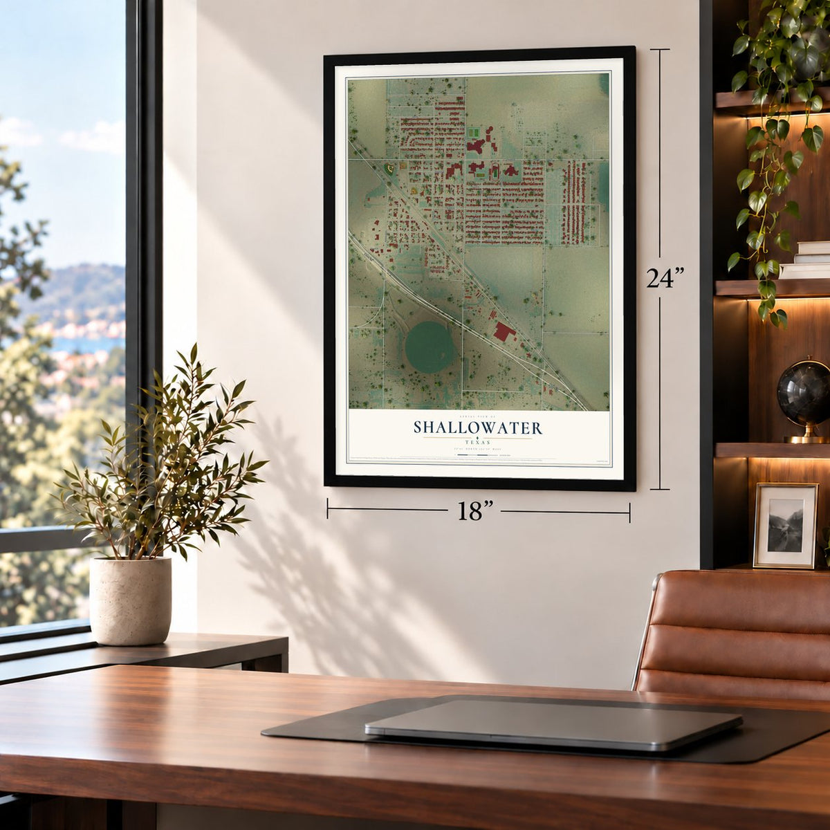 Shallowater, Texas map, 18 x 24 inch print in a black frame in a home office