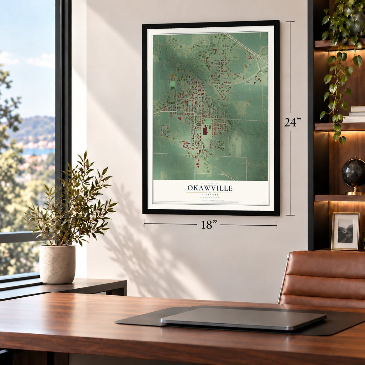 Okawville, Illinois map, 18 x 24 inch print in a black frame in a home office