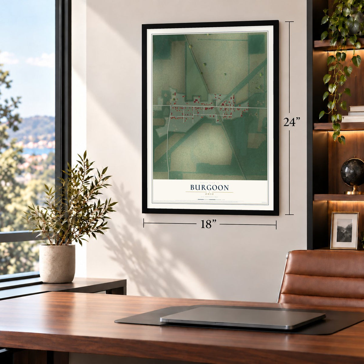 Burgoon, Ohio map, 18 x 24 inch print in a black frame in a home office