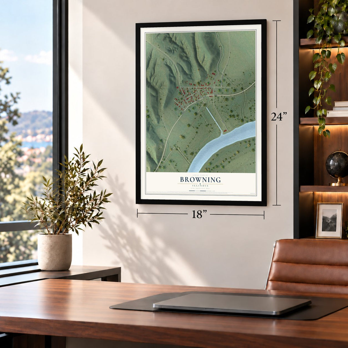 Browning, Illinois map, 18 x 24 inch print in a black frame in a home office
