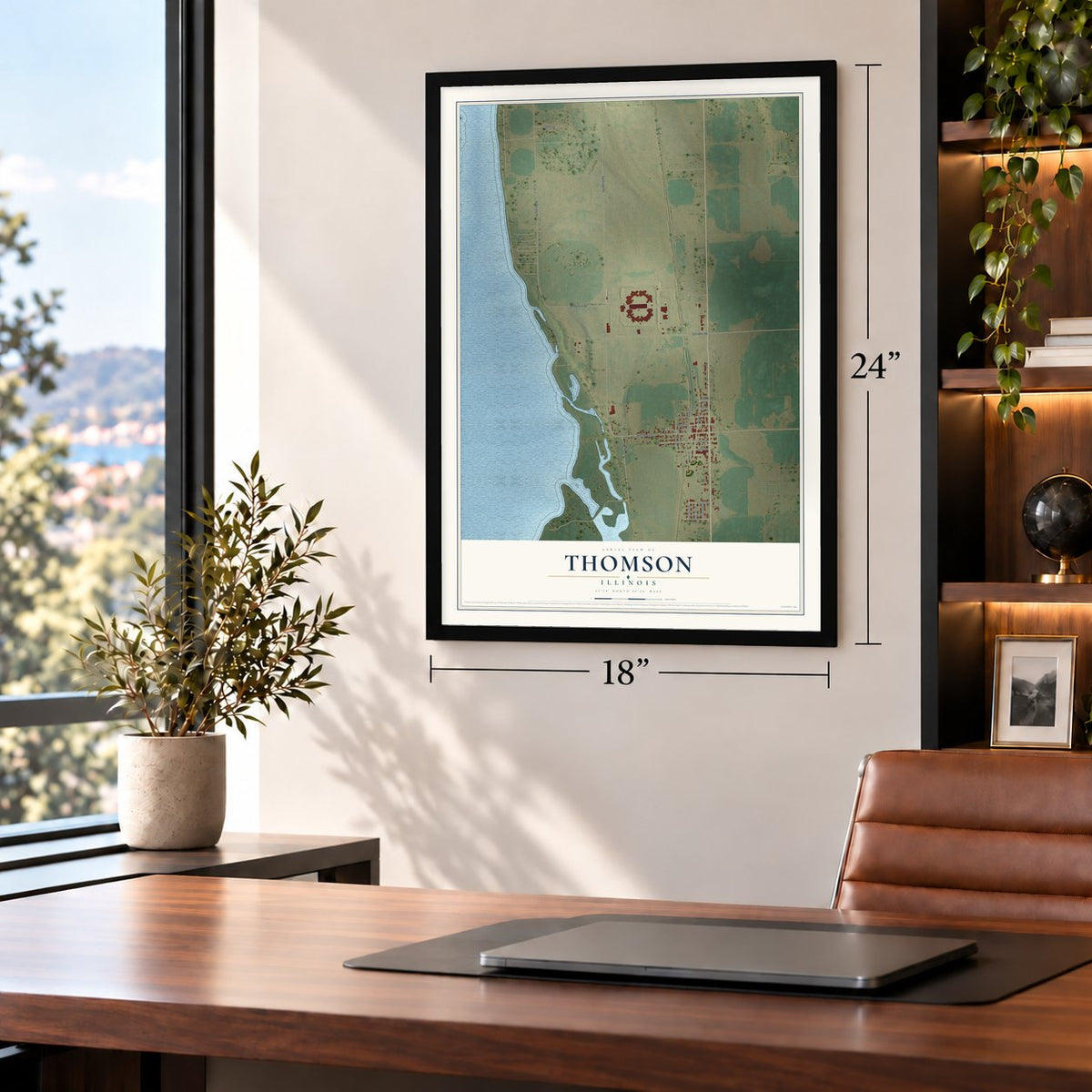 Thomson, Illinois map, 18 x 24 inch print in a black frame in a home office