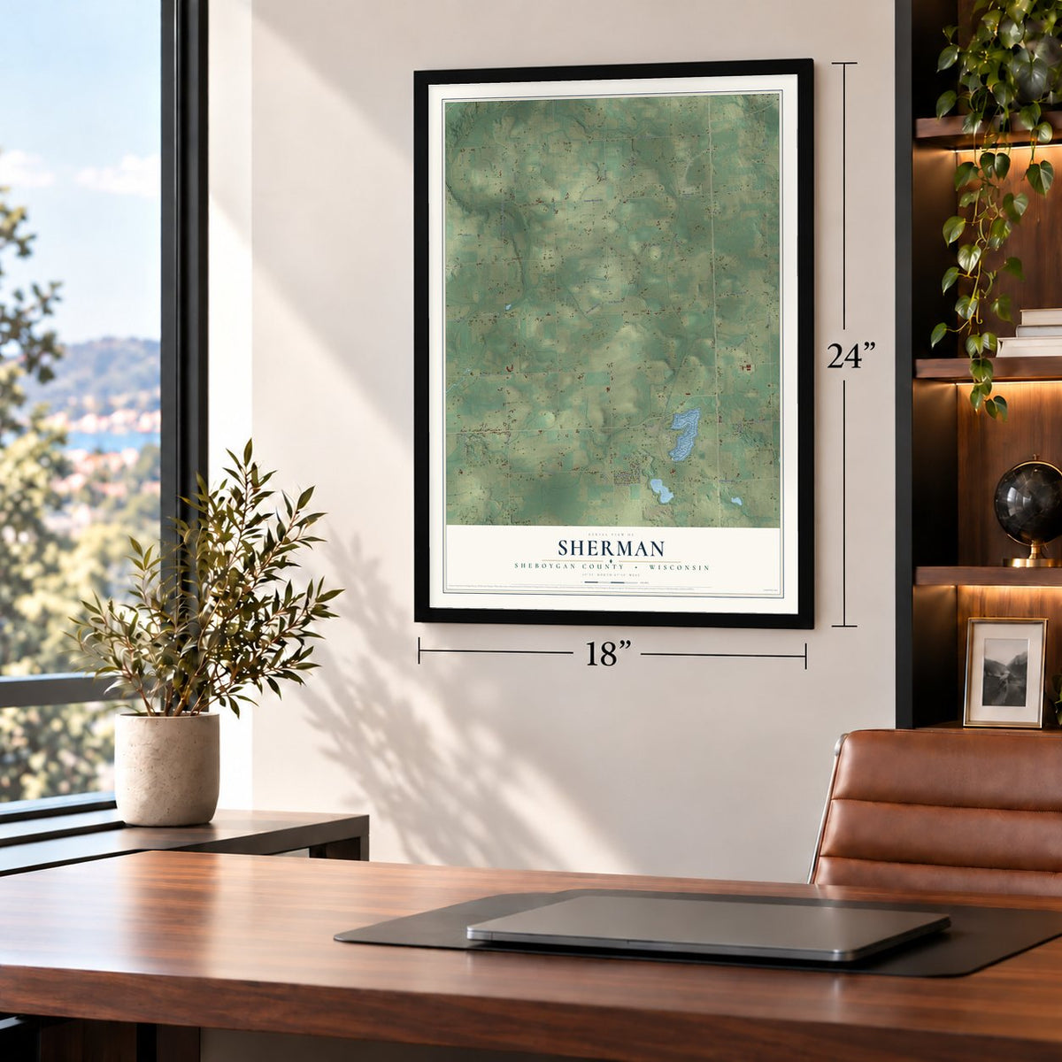 Sherman, Sheboygan County, Wisconsin map, 18 x 24 inch print in a black frame in a home office