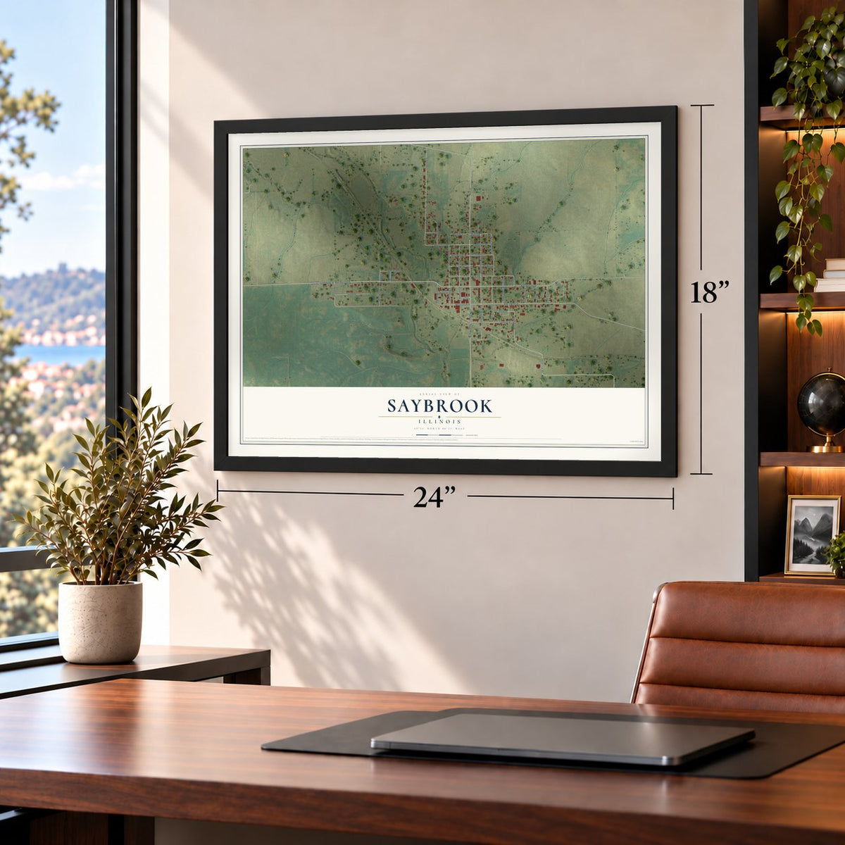 Saybrook, Illinois map, 18 x 24 inch print in a black frame in a home office