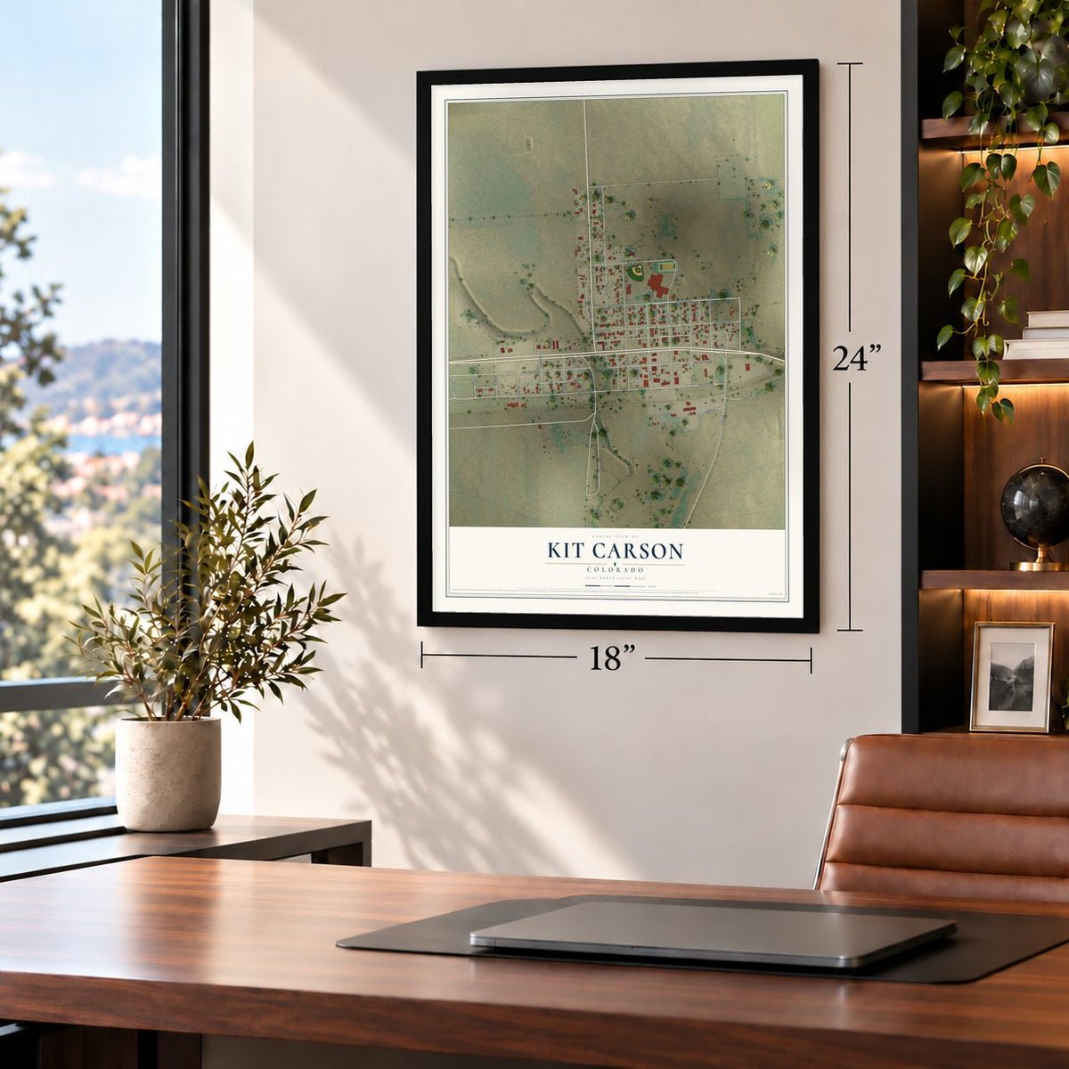 Kit Carson, Colorado map, 18 x 24 inch print in a black frame in a home office