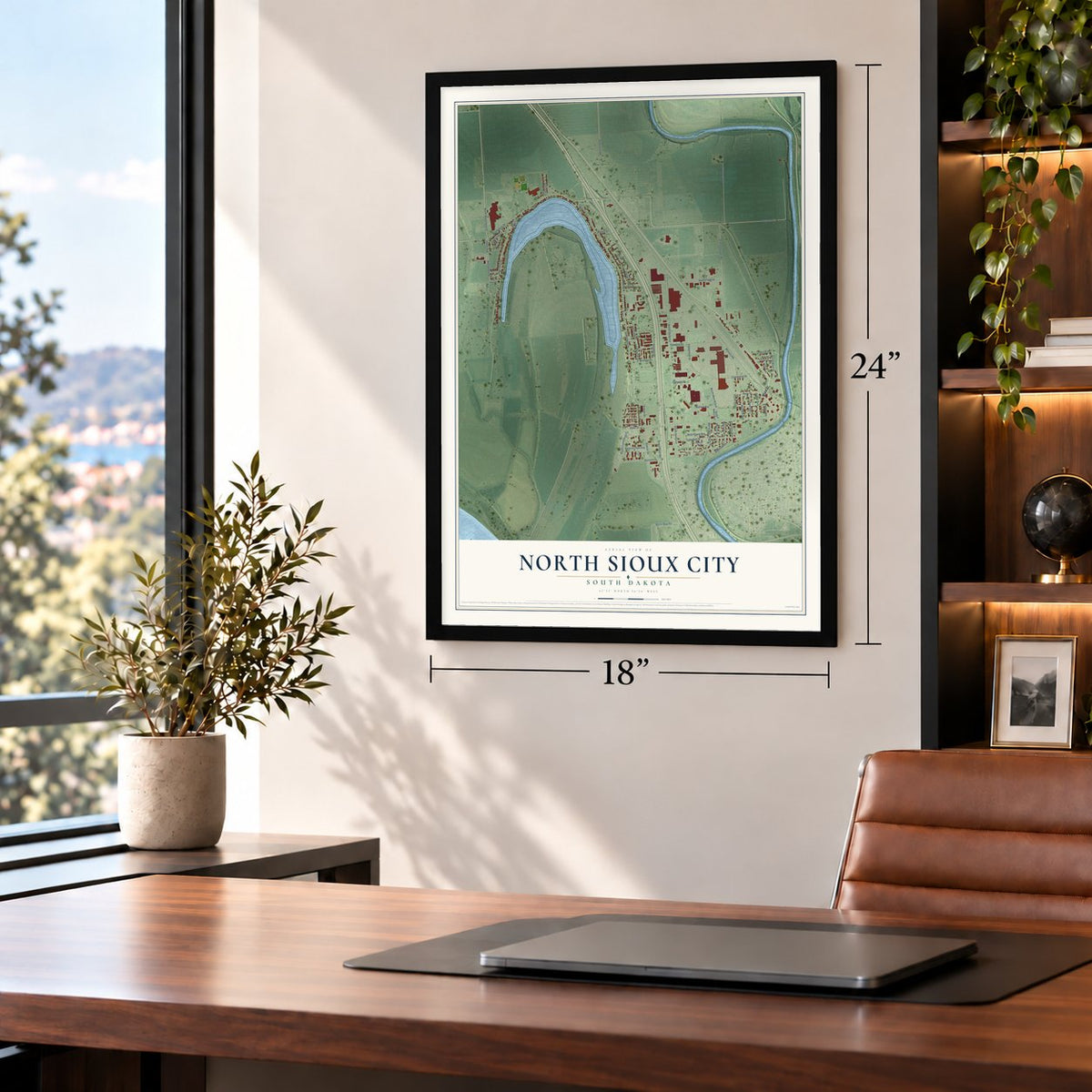North Sioux City, South Dakota map, 18 x 24 inch print in a black frame in a home office