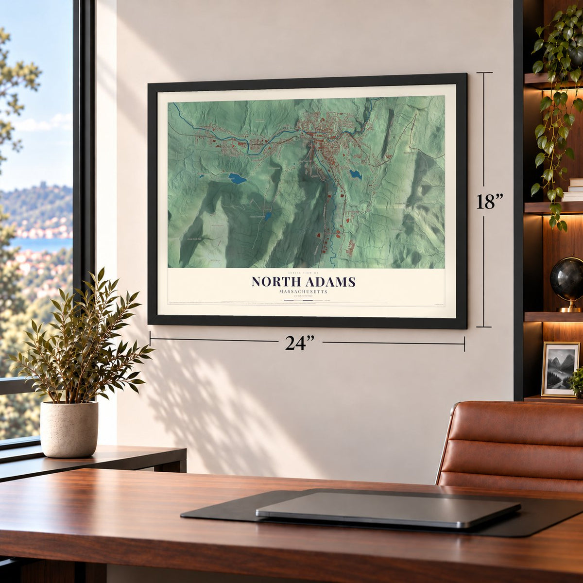 North Adams, Massachusetts map, 18 x 24 inch print in a black frame in a home office