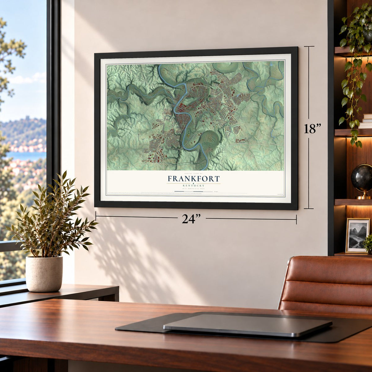 Frankfort, Kentucky map, 18 x 24 inch print in a black frame in a home office