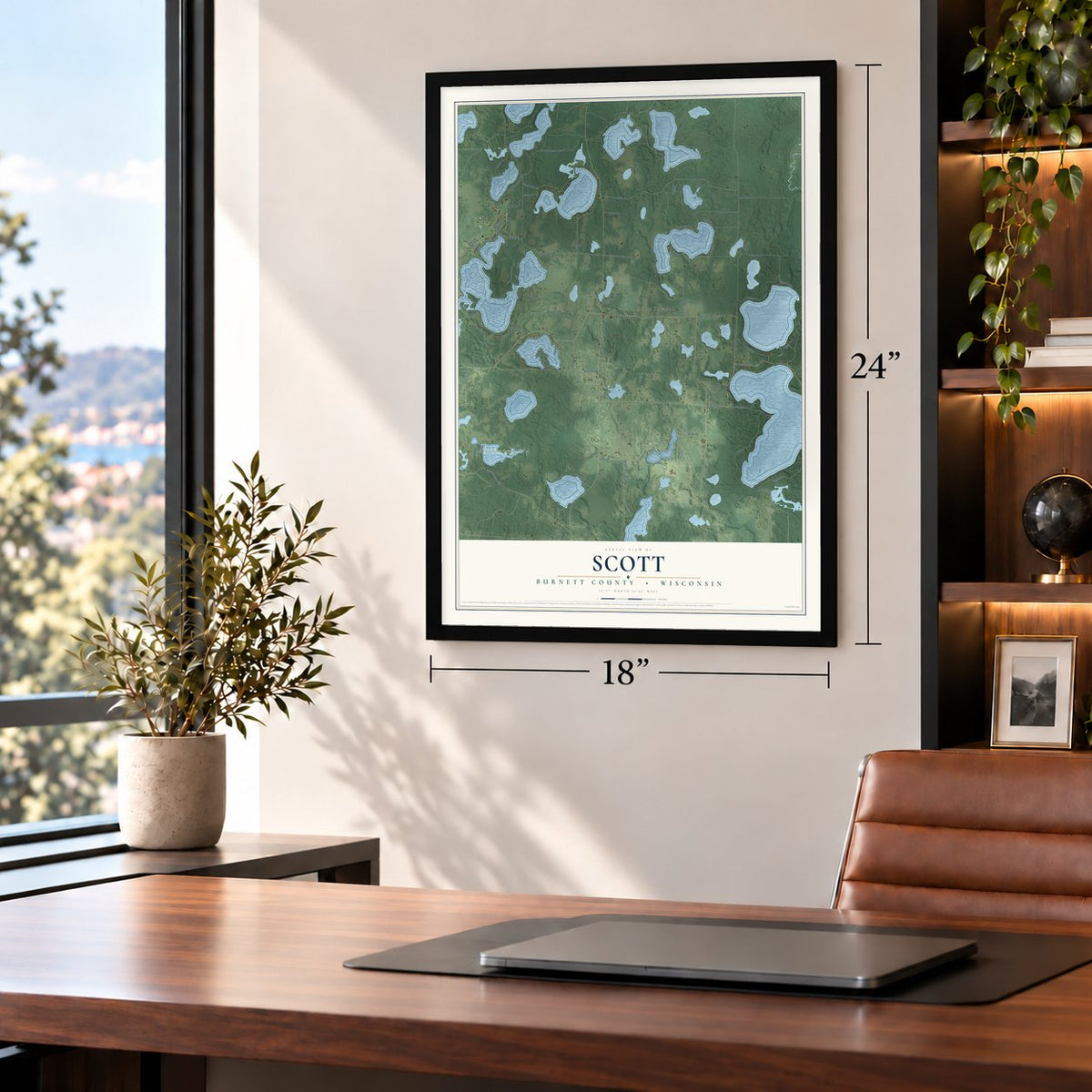 Scott, Burnett County, Wisconsin map, 18 x 24 inch print in a black frame in a home office