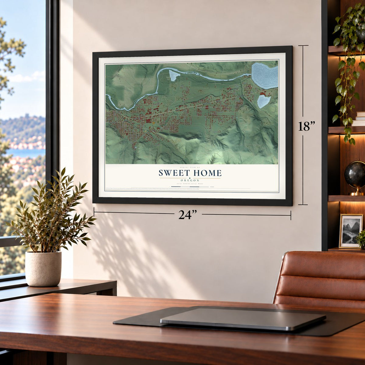 Sweet Home, Oregon map, 18 x 24 inch print in a black frame in a home office