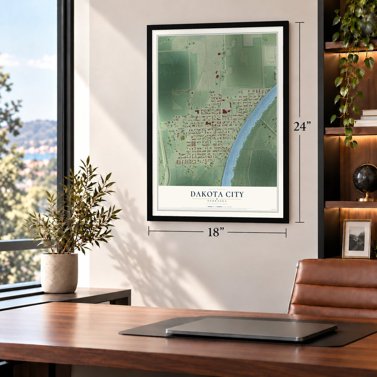 Dakota City, Nebraska map, 18 x 24 inch print in a black frame in a home office