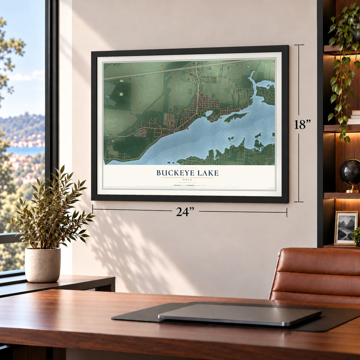 Buckeye Lake, Ohio map, 18 x 24 inch print in a black frame in a home office