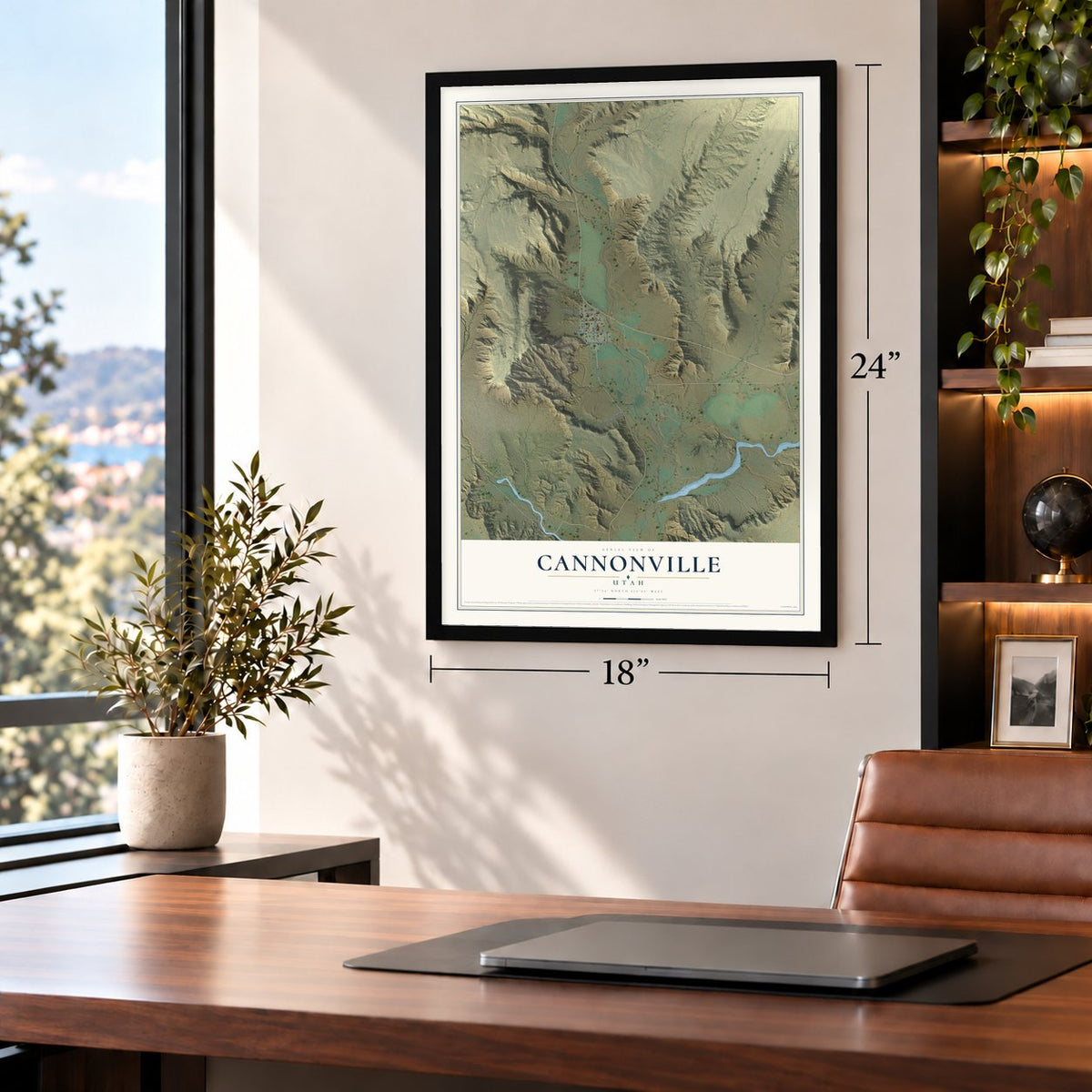 Cannonville, Utah map, 18 x 24 inch print in a black frame in a home office