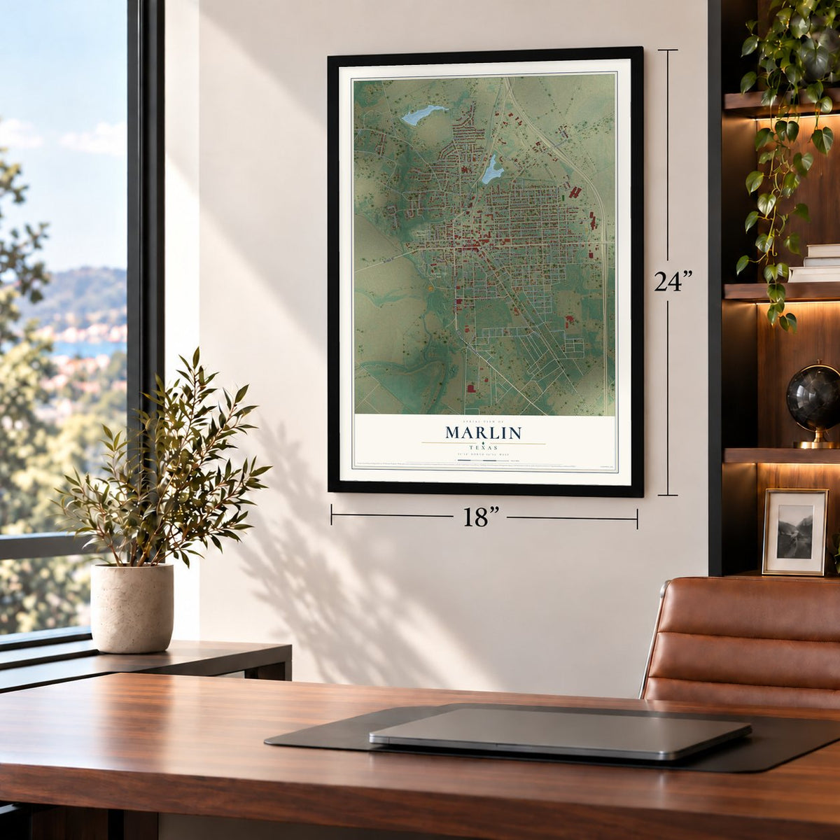 Marlin, Texas map, 18 x 24 inch print in a black frame in a home office