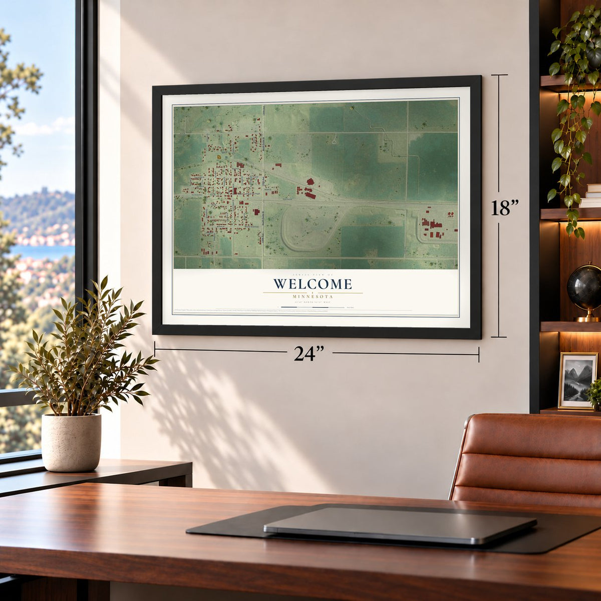 Welcome, Minnesota map, 18 x 24 inch print in a black frame in a home office