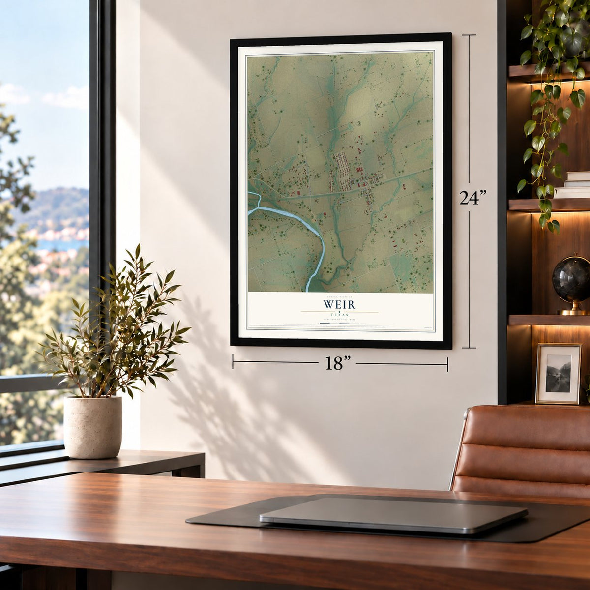 Weir, Texas map, 18 x 24 inch print in a black frame in a home office