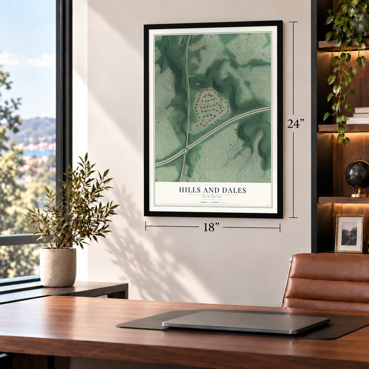 Hills and Dales, Kentucky map, 18 x 24 inch print in a black frame in a home office
