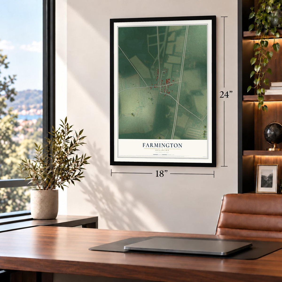 Farmington, Delaware map, 18 x 24 inch print in a black frame in a home office