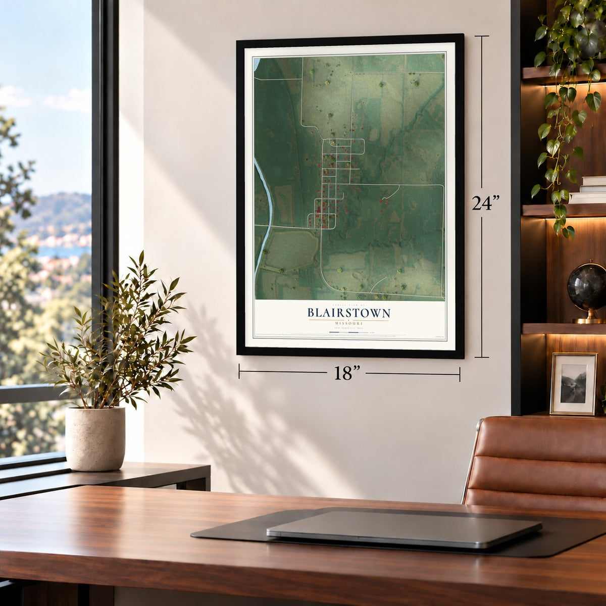 Blairstown, Missouri map, 18 x 24 inch print in a black frame in a home office