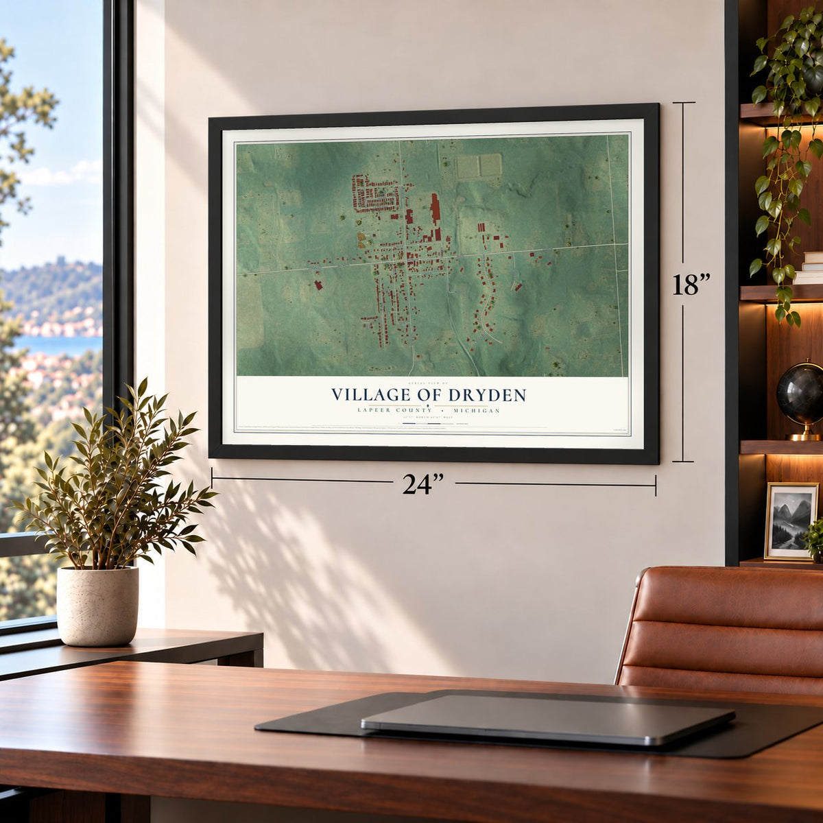Dryden, Michigan map, 18 x 24 inch print in a black frame in a home office