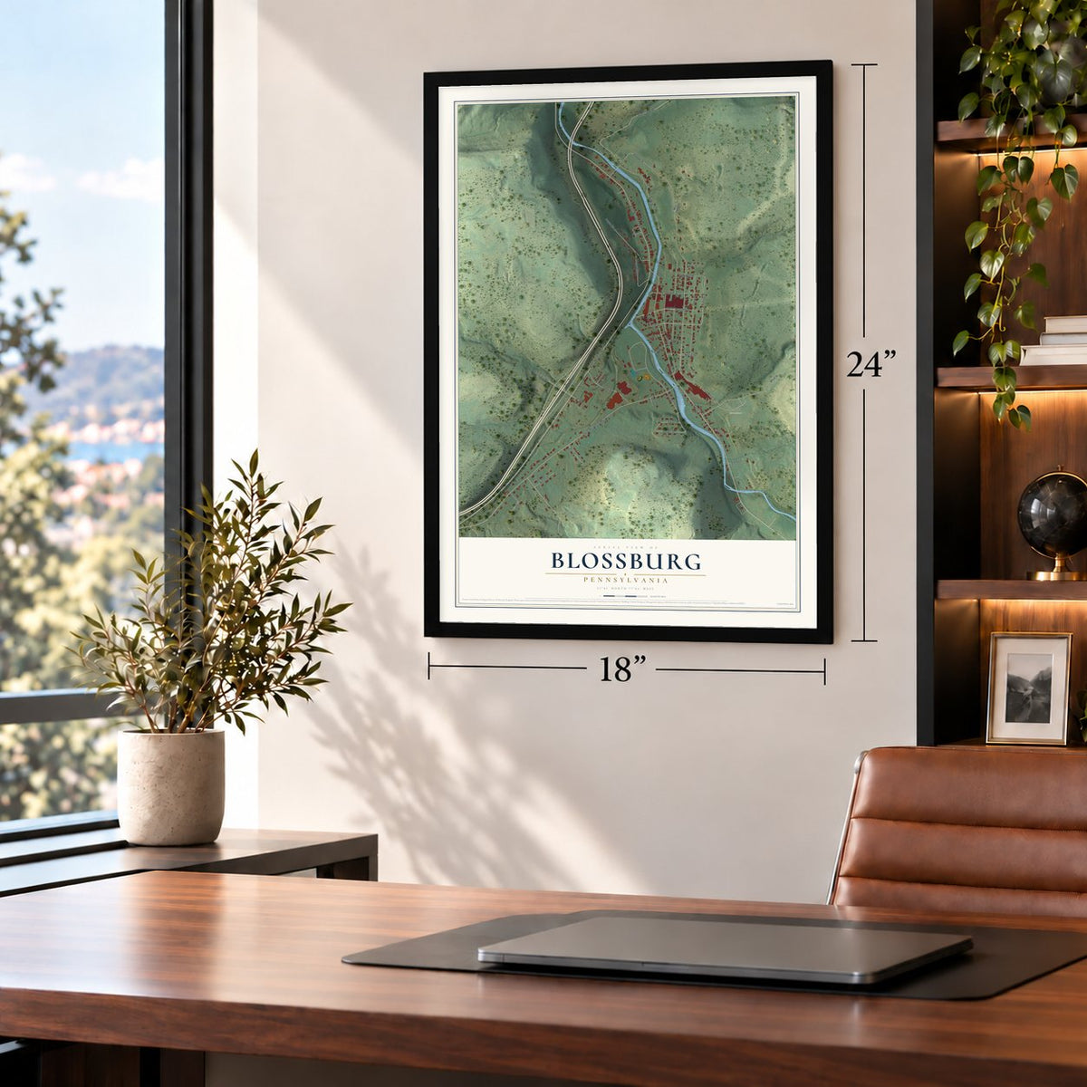 Blossburg, Pennsylvania map, 18 x 24 inch print in a black frame in a home office