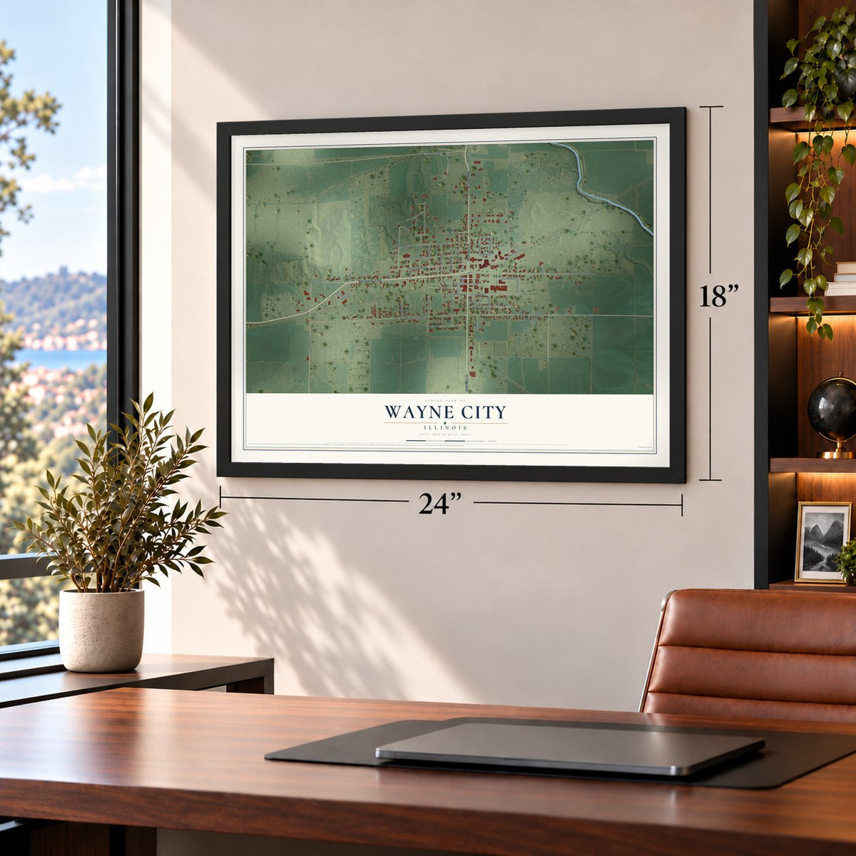 Wayne City, Illinois map, 18 x 24 inch print in a black frame in a home office
