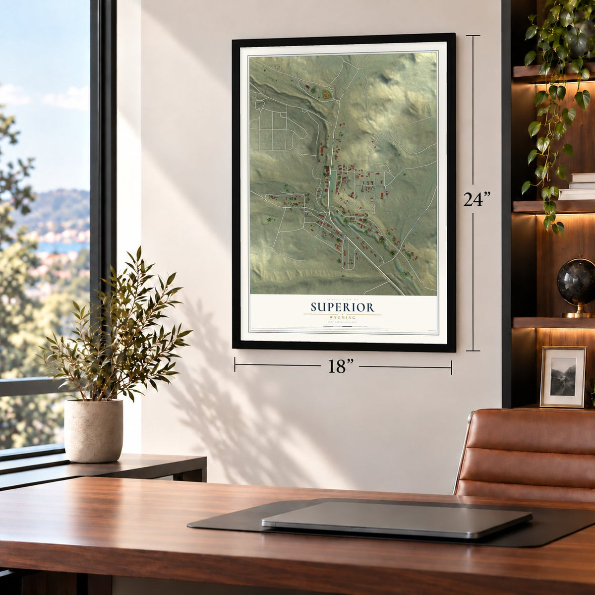 Superior, Wyoming map, 18 x 24 inch print in a black frame in a home office