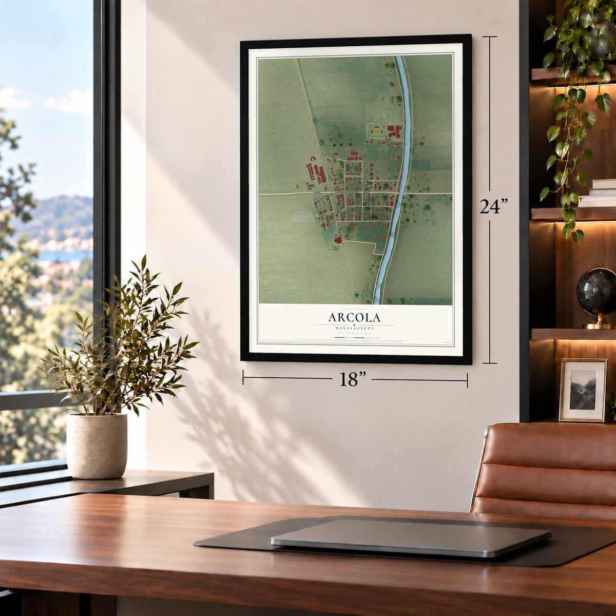 Arcola, Mississippi map, 18 x 24 inch print in a black frame in a home office