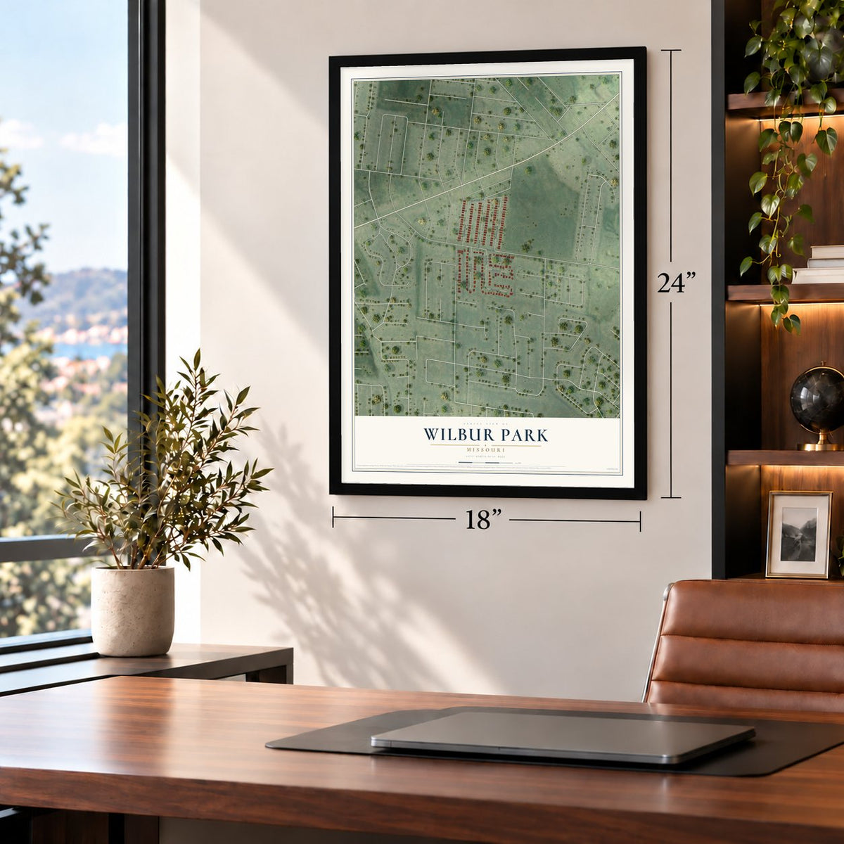 Wilbur Park, Missouri map, 18 x 24 inch print in a black frame in a home office