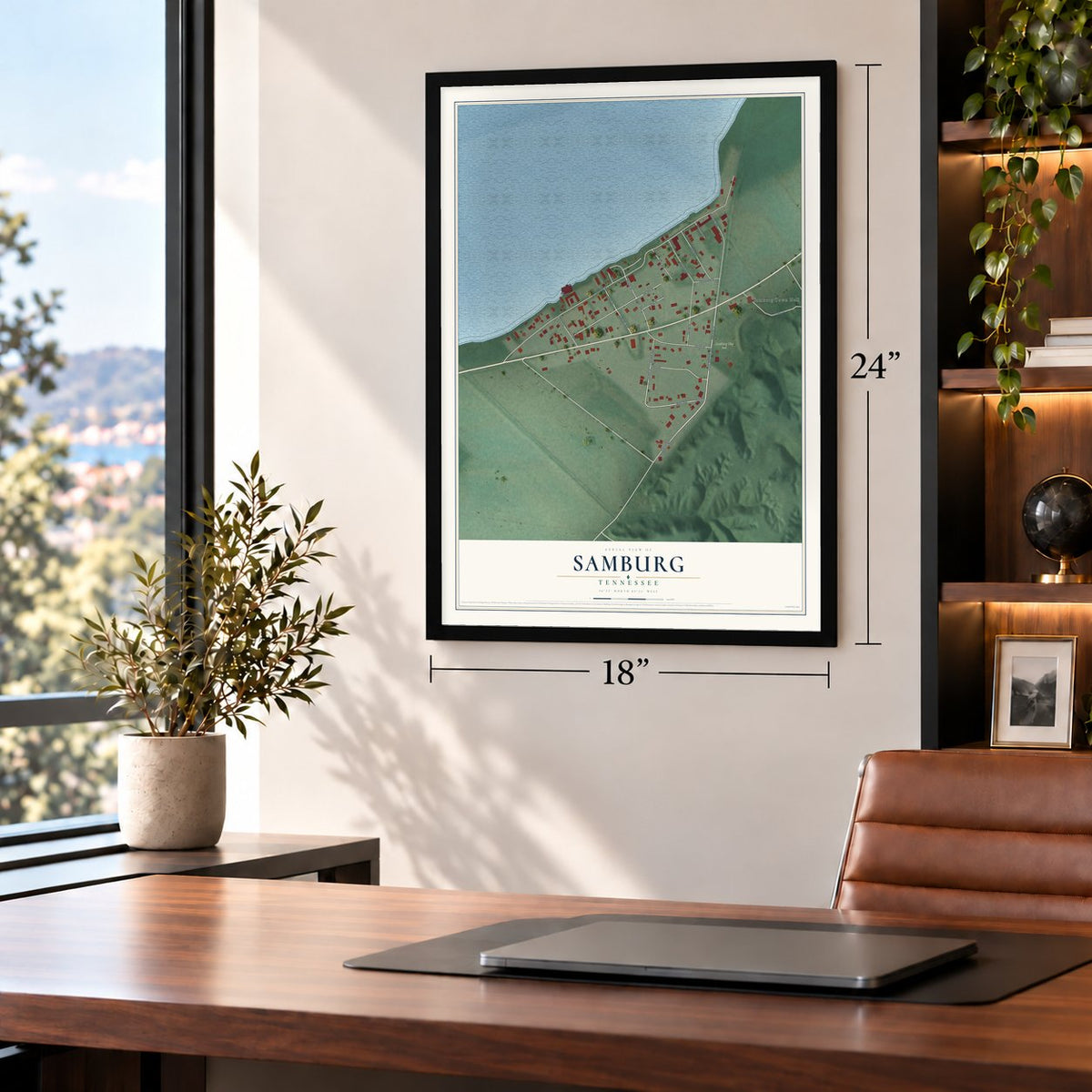 Samburg, Tennessee map, 18 x 24 inch print in a black frame in a home office
