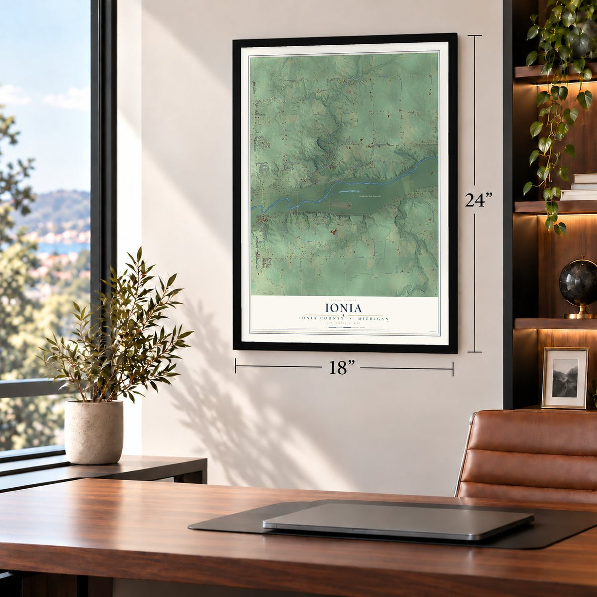 Ionia, Ionia County, Michigan map, 18 x 24 inch print in a black frame in a home office